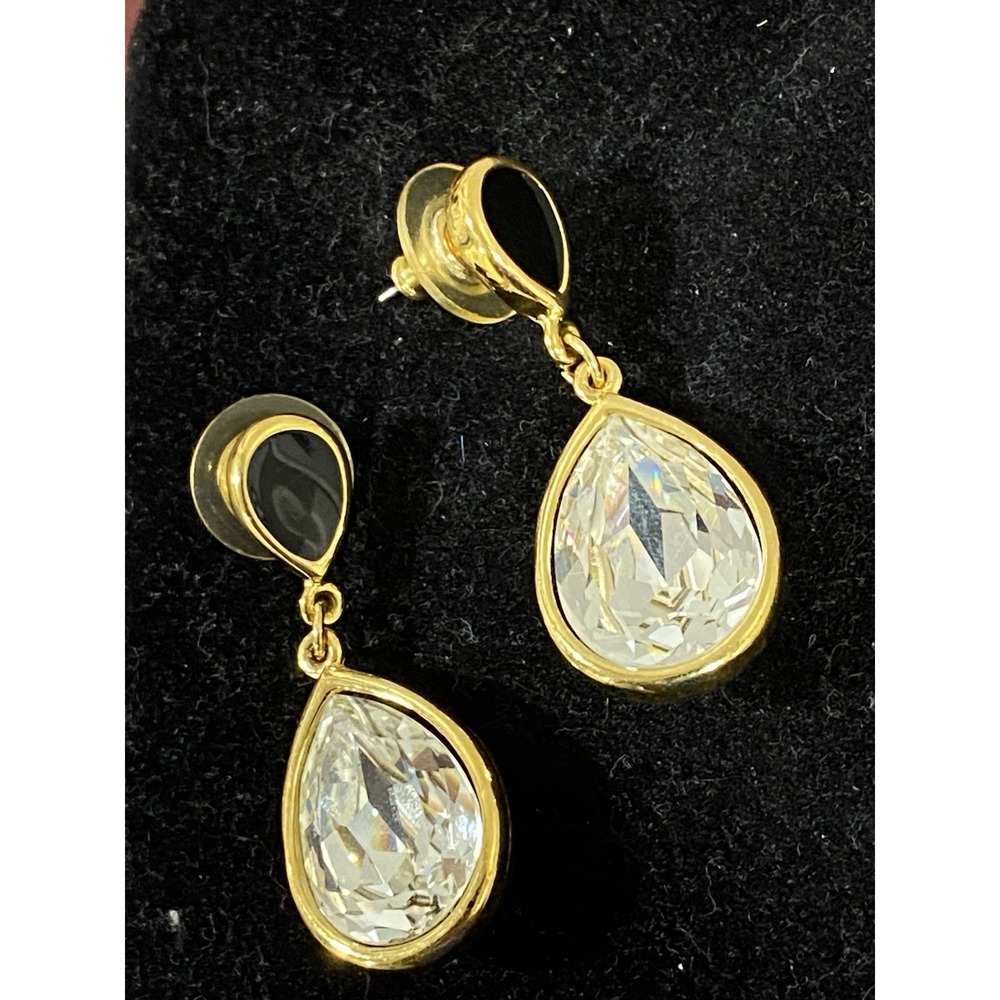 Vintage Trifari Signed Gold Tone Black & Clear Crystal Teardrop Pierced Earrings